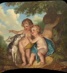 Trois enfants avec deux chiens